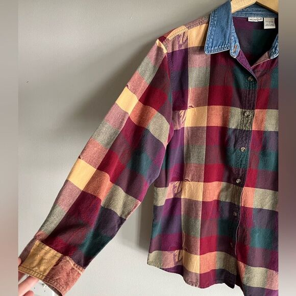 Vintage NorthCrest Plaid Flannel Shirt Denim Collar Multicolor 90s Grunge M-L - Picture 3 of 5